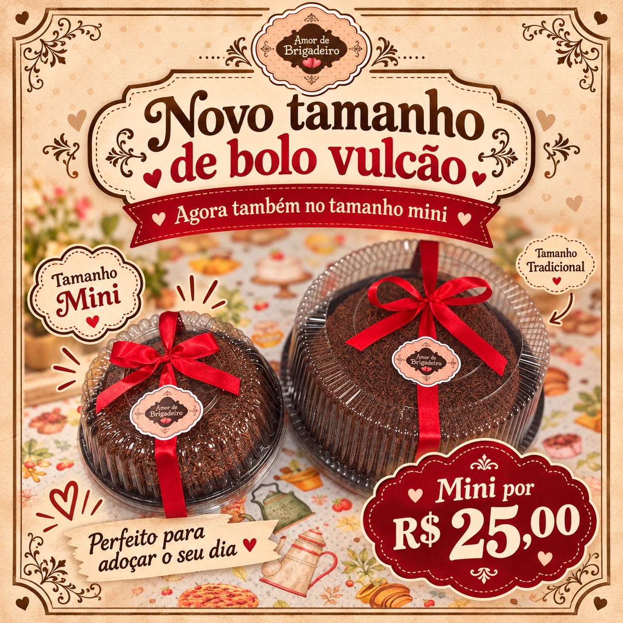 Novidade Amor de Brigadeiro: bolo vulcão no tamanho mini por R$ 25,00, ao lado do tamanho tradicional
