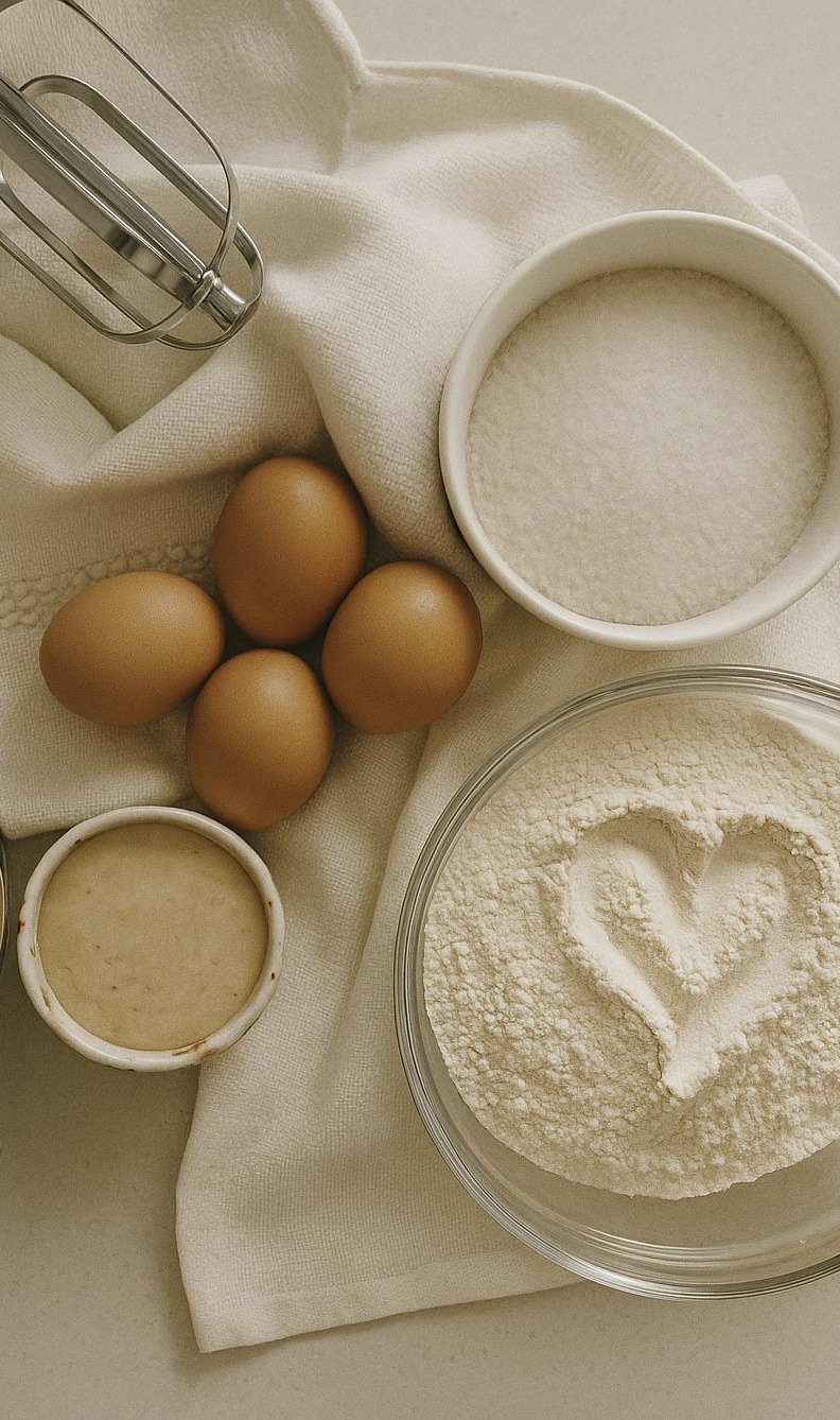 Ingredientes e utensílios usados no preparo dos bolos